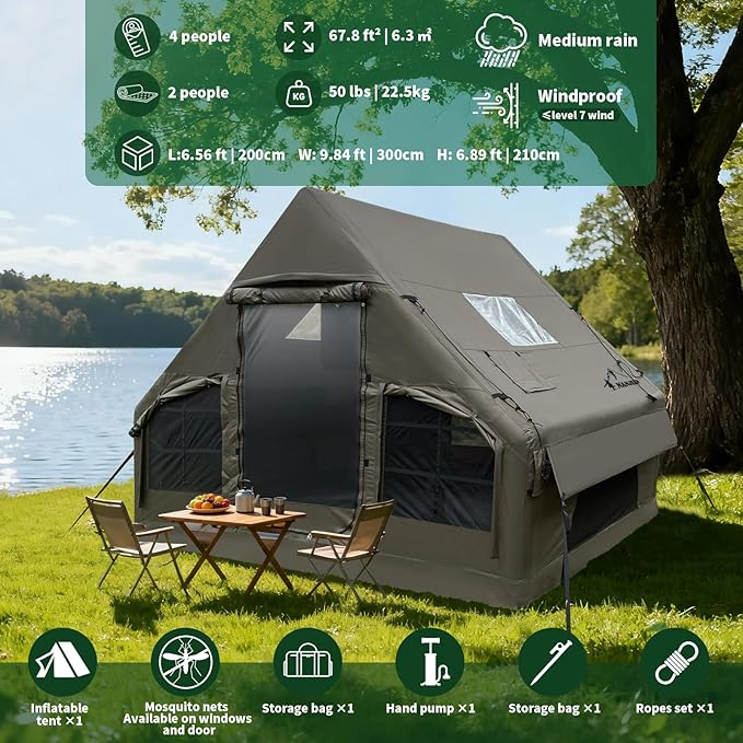 NANJEEN® | Large Luxury Inflatable Camping TentWind &amp Rain Resistant12㎡ Interior2-10 Person Shelter8 Minutes Fast Setup with Hand PumpAll-Season ReadyDual DoorsMosquito-Proof Mesh Windows