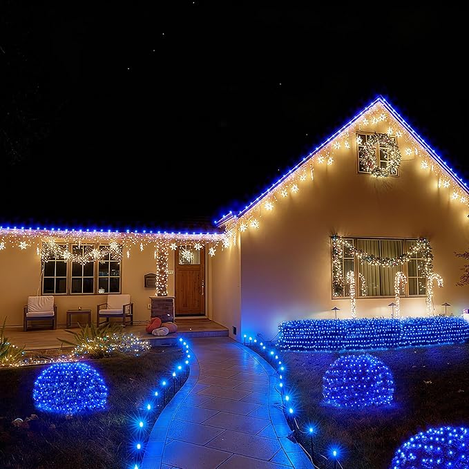 BlcTec Outdoor Christmas Lights 360 LED 9.8ft x 6.6ft Christmas Net Lights with 8 Modes UL Certified Timer Connectable Waterproof for Trees Bushes Shrubs Yard Outdoor Xmas Decorations Blue