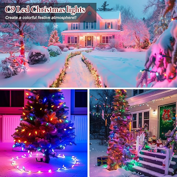 Kawaya Outdoor Christmas C9 LED String Lights - 25ft 25 Bulbs Multi Colored Indoor Decorations IP65 Commercial Waterproof for Tree Outside Roof House Walkway Pathway