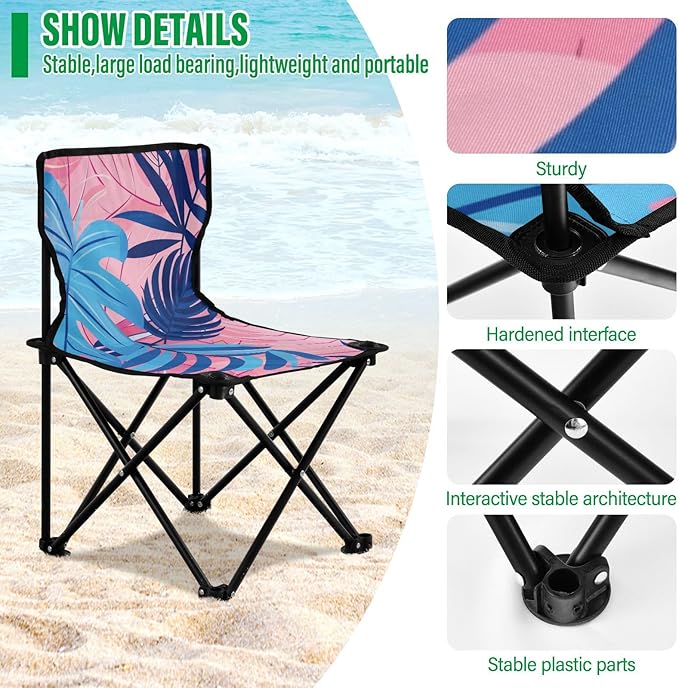 KLL Pastel and Blue Palm Leaves Folding Heavy Duty Camping Chairs Ultralight Compact Folding Chair with Carrying Bag Lawn Chairs for Concert Sports