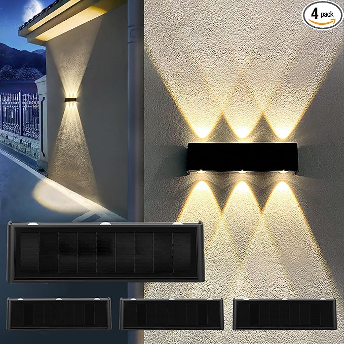 4 Pack Solar Lights Outdoor 3000K Warm Aluminum Waterproof Dusk to Dawn Lighting Wall Sconce Up Down for Outside Fence Walkway Porch Deck