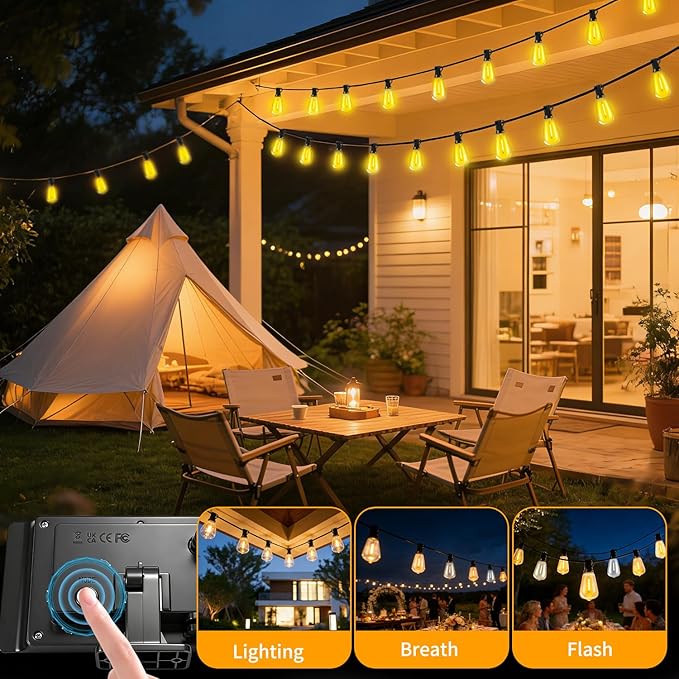 Outdoor Solar String Lights Waterproof: ST38 50ft Shatterproof Patio Lights - Solar Powered &amp USB Dual Charging - 3 Modes Button Control - Garden Backyard Gazebo Porch Party Decor