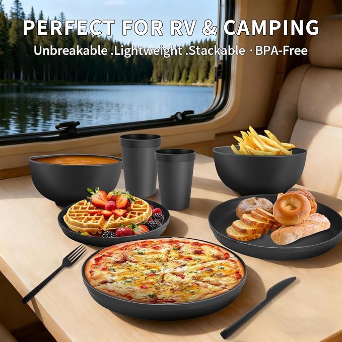 20 Piece RV &amp Camping Dinnerware Set Elegant Ceramic-Look Large Bowls &amp Plates Unbreakable &amp 100% Microwave Safe Melamine Alternative Service for 4 Black
