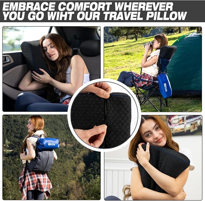 Travel &amp Camping Comfortable Memory Foam Pillow – Easy to Carry Portable Bag – Temperature Regulating Pillow Case - Perfect for Travelling (Black Contour)