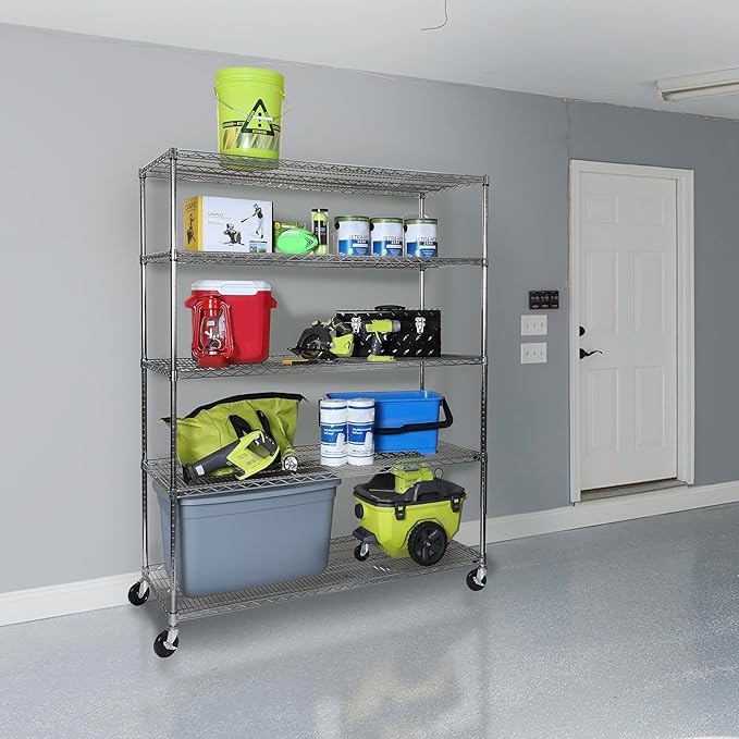 Seville Classics UltraDurable Heavy Duty NSF Solid Steel Wire Rack Storage Unit Wheels 5-Tier Shelving 60 W x 24 D