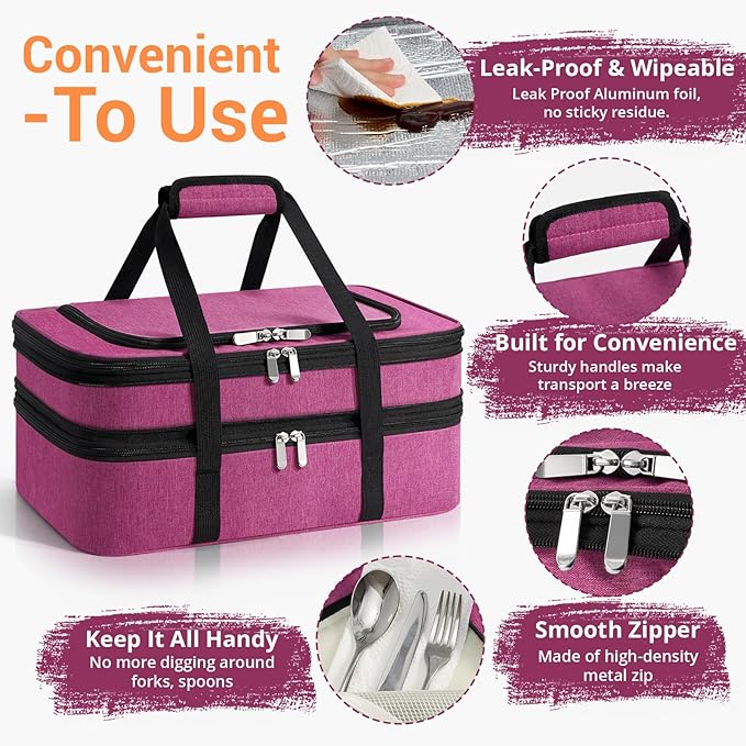 Insulated Double Casserole Carrier - Portable Casserole Carriers for Hot or Cold Food Lunch Tote Warmer or Cooler Bag for Potluck Parties Picnic Cookouts Fits 9 x 13 Baking Dish - Pink