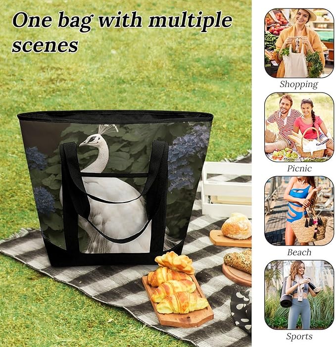 Insulated Shopping BagLarge Reusable Cooler Bags White Peacock Printed Foldable Shopping BagTravel Waterproof Shoulder Bag