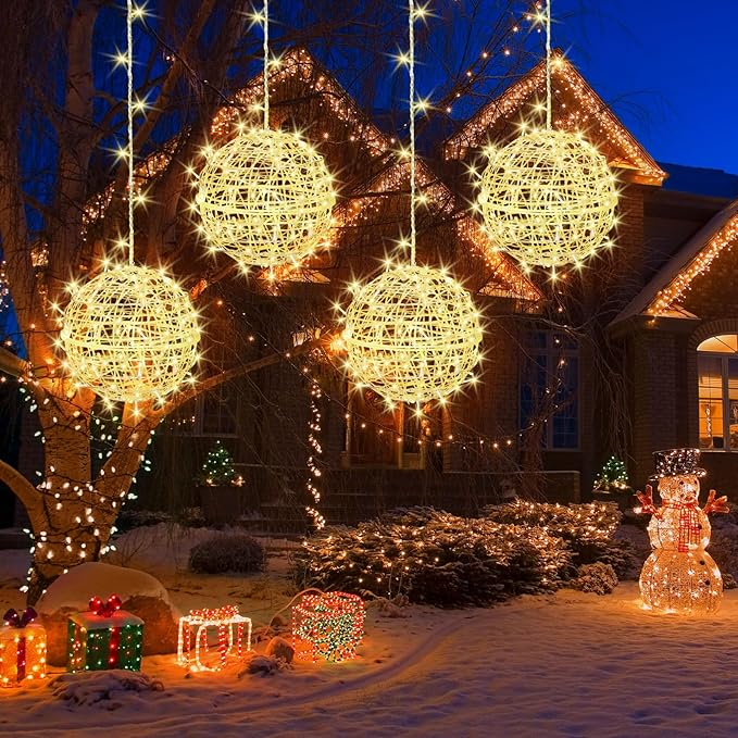 Outdoor Christmas Balls Lights 4 Pack Hanging 7.9 LED Garden Sphere Tree Lights 8 Modes Waterproof Glow Globe Lights with Memory Timer Plug for Party Yard Porch Eave Patio Xmas Decorations-Warm White