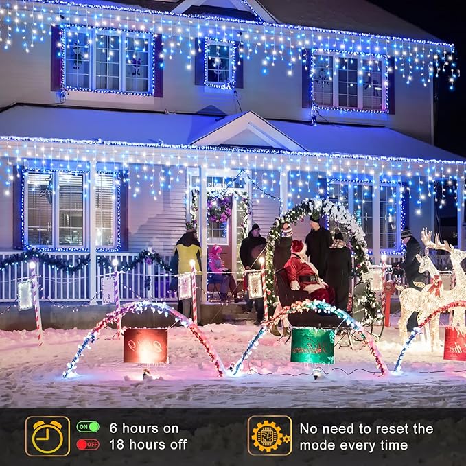 Icicle Lights for Outside 33FT 400 LED Icicle Christmas Lights Outdoor with Waterproof 8 Modes Plug in Timer String Twinkle Light for Indoor Home Roof Window Yard Wedding Decorations Blue and White