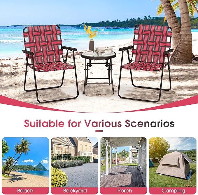 Giantex 2-Pack Beach Chairs for Adults Camping Chair with Steel Frame Webbing Design Lightweight Folding Directors Chair for Outdoor Patio Fishing Yard Poolside Lawn (Red)