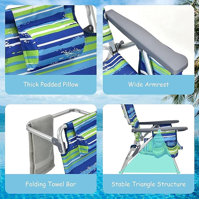 Goplus Beach Chair Folding Backpack Beach Chairs for Adults with 5 Positions Head Pillow Cooler Bag Towel Bar Cup Holders Sunbath Sling Tanning Lounge Foldable Layout Camping Chairs