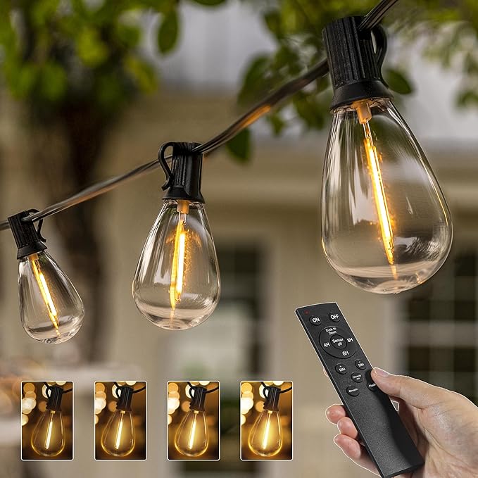 Ollny S11 Outdoor String Lights with Remote 30 FT 3 Modes Dimmable Timers Waterproof Connectable Patio Lights 15+1 LED Spare Bulb Dusk to Dawn Hanging Light for Indoor Porch Balcony Cafe