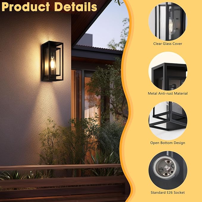 Outdoor Wall Light Fixtures Waterproof Black Exterior Sconce Porch Lights with Glass Shade Modern Outdoor Light Fixtures Wall Mount for Garage Front Door Patio Entryway 1-Pack