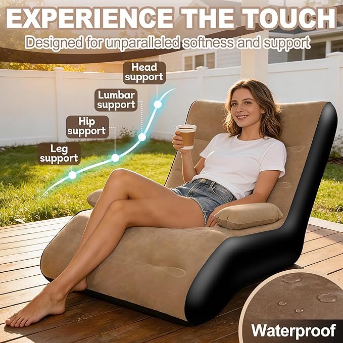 FluSing Inflatable Couch for Camping Blow Up Couch for Adults with Armrest Waterproof Flocked Surface Inflatable Sofa Bed Indoor Portable Inflatable Chairs for Movie Night Air Sofa Outdoor | With