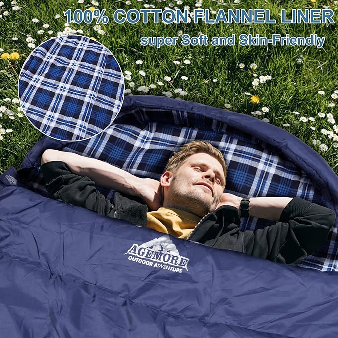 AGEMORE Cotton Flannel Sleeping Bag for Adults Lightweight XXL Cotton Sleeping Bag for Camping Backpacking or Hiking Water Resistant 3-4 Season Sleeping bag for Warm &amp Cool Weather