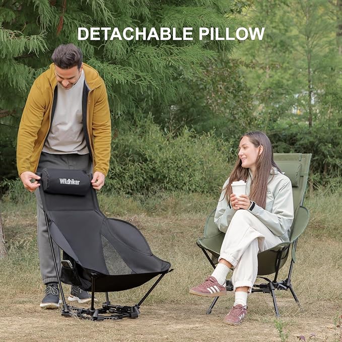 Wildhiker Compact High Back Camping Chair - Foldable with Dual Sitting Modes Pillow Arm Pads and Side Pockets - Lightweight Portable Chair for Motorcycle RV Festival Travel - Green