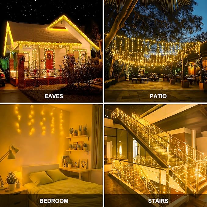 LED Icicle Lights for Outdoor Christmas Decorations98.4Ft 1000 LEDs Christmas Fairy Light with Timer&ampMemory Function8 Lighting ModesPlug in hanging Curtain Lights for Xmas Party Wedding(Warm Wh