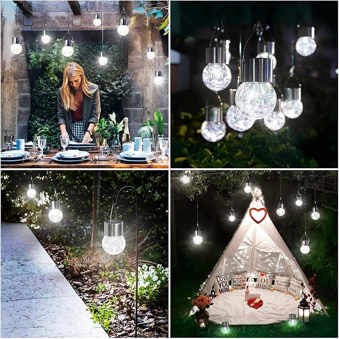 MAXvolador 12-Pack Hanging Solar Lights Decorative Cracked Glass Ball Light Solar Powered Waterproof Globe Lighting for Garden Tree(Cool White)