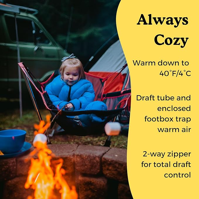 Big Mo 40° Kids Sleeping Bag (Ages 18-36m). The Coziest Funnest Camping Sleeping Bag for Kids with Adjustable Cuffs.