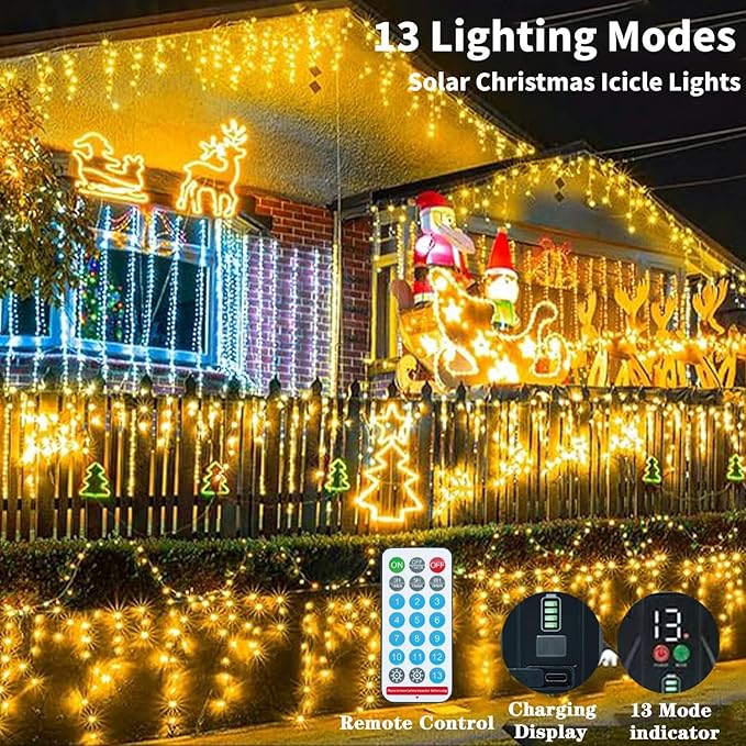 Upgraded 640LED Solar Christmas Icicle Lights Outdoor Waterproof60+16FT 13 Modes &amp USB Rechargeable Solar Powered Icicle Light for Roof House Yard Christmas Outdoor Decoration (Warm White)