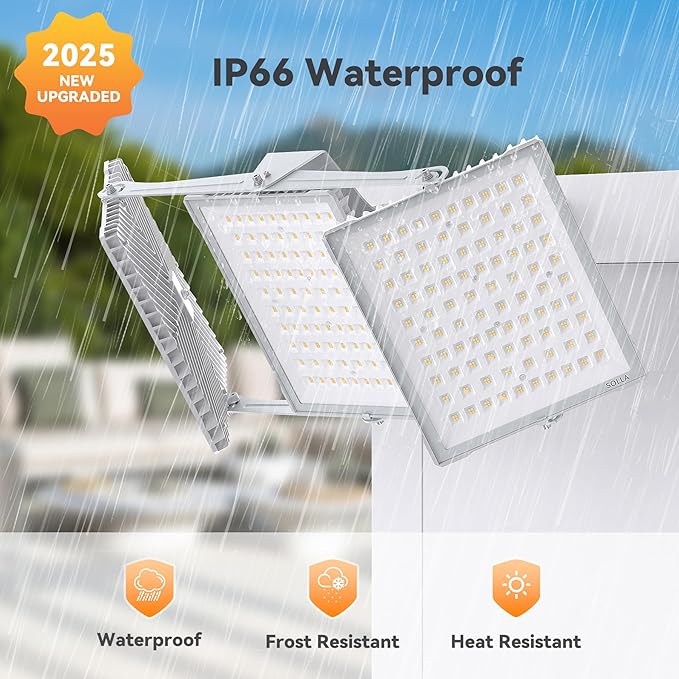 SOLLA 750W 2025 Plus New Upgraded LED Flood Light Outdoor 75000LM Super Bright Stadium Lights 6000K Daylight White IP66 Waterproof 3 Heads Adjustable Outdoor Floodlight for Yards Arena Garden