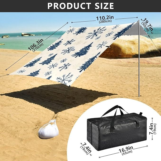 Beach Tent Sun Shelter Blue Christmas Tree Snowflakes Lightweight &amp Easy Setup Beach Shade Canopy for Camping Fishing