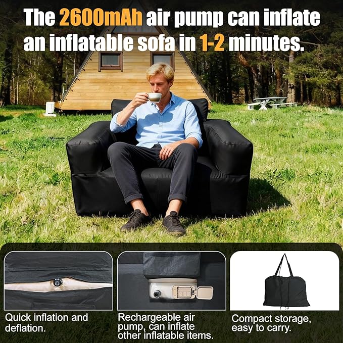 Inflatable Chair for Camping Portable Inflatable Couch Blow Up Couch with Built in Pump Slouch Couch Inflatable Sofa Air Sofa for Outdoor Glamping Backyard Patio Home Use Travel Waterproof