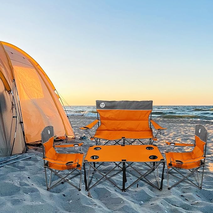 Northroad Folding Camping Chair Set of 4 Portable Collapsible Conversation Set w/1 Sofa 2 Single Chairs 1 Table for Family Patio Outdoor Travel Beach(Orange)