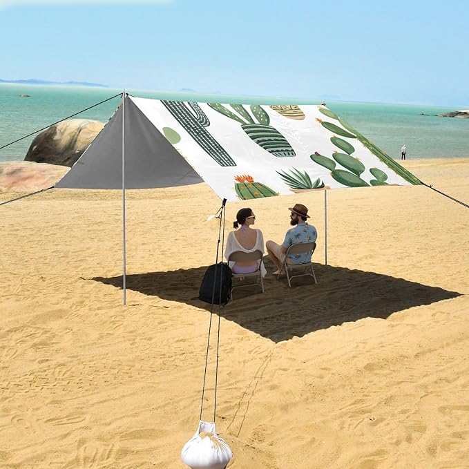 ALAZA Cactus Cacti Boho Beach Tent Sun Shelter UPF50+ Protection Beach Shade Canopy w/ 4 Sandbags for Outdoor Camping Fishing Backyard Fun Picnic 10x9 ft