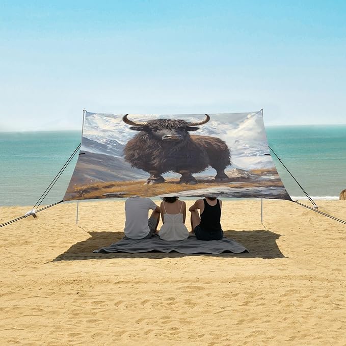 ALAZA Black Yak Snow Mountain Beach Tent Sun Shelter UPF50+ Protection Beach Shade Canopy w/ 4 Sandbags for Outdoor Camping Fishing Backyard Fun Picnic 10x9 ft