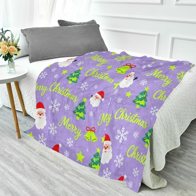 Merry Christmas Snow Flake Santa Lavender Lightweight Fuzzy Comfy Throw Blankets for Couch Comfy Throw Blankets for Party Sofa Bed Living Room 50x70 Inches