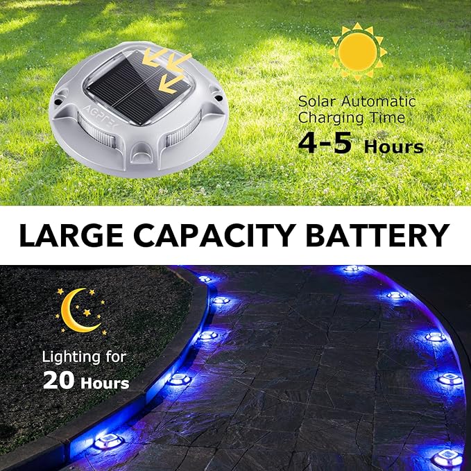 AGPTEK Solar Driveway Lights Outdoor 4 Pack 2 Color Modes LED Deck Dock Marine Waterproof Security Marker Lights for Step Sidewalk Stair Garden Pathway Walkway Yard(Blue Light/Cool White)