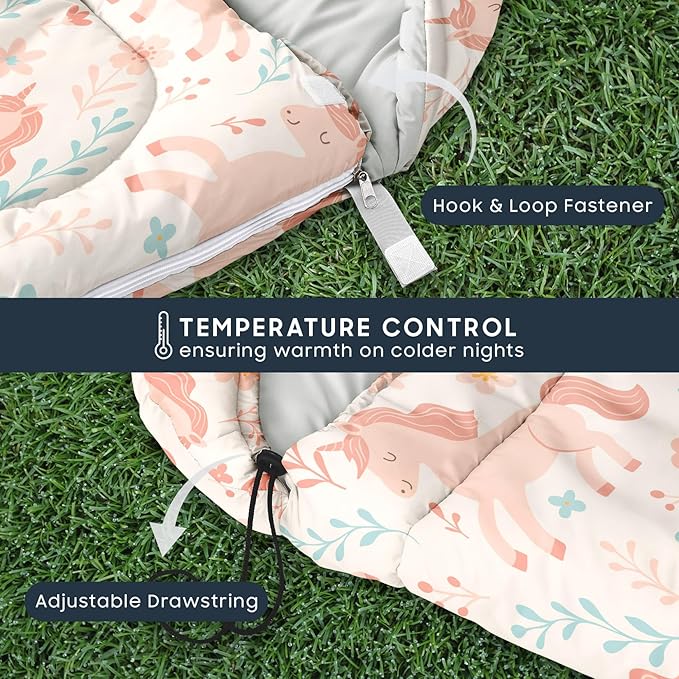 Wake In Cloud - Kids Sleeping Bag for Girls Toddlers Camping in Warm Cold Weather Backpacking Lightweight Compact Outdoor Liner for 3 Seasons Unicorn Garden Flowers