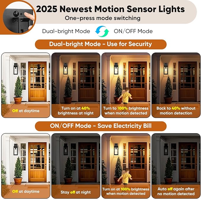 BesLowe 16” Upgraded Motion Sensor Outdoor Wall Lights Dusk to Dawn Porch Lights Outdoor Wall Sconces 3 Lighting Modes Exterior Lighting Fixtures with Hooks Black Outside Lights for House 2-Pack