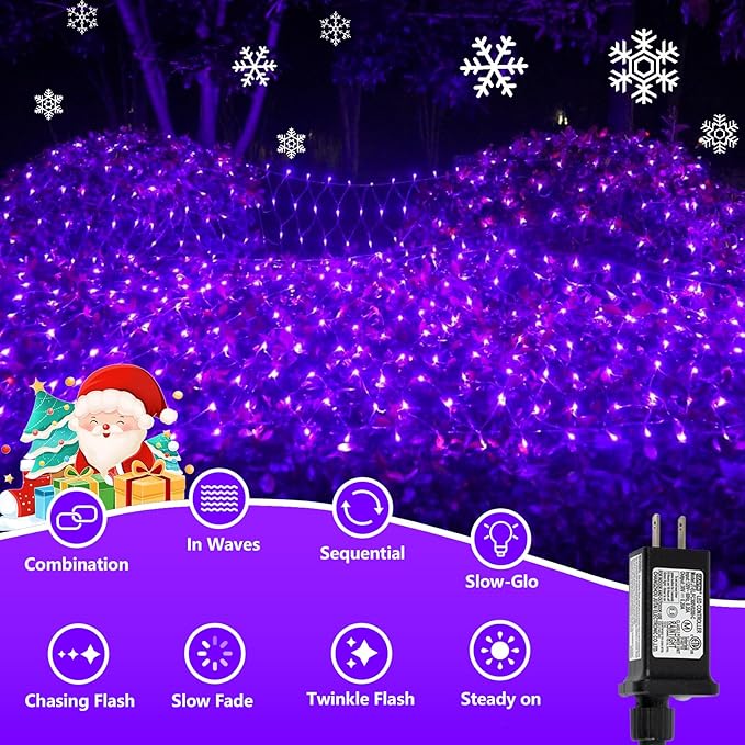QITONG Purple Net Lights Outdoor Mesh Lights 360 LED 12ft x 5ft Christmas Net Light with 8 Modes Clear Wire Bush Light Plug in