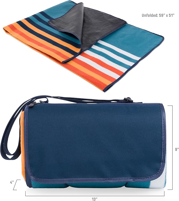 Picnic TIME Outdoor Picnic Blanket Tote 59x51 Foldable Beach &amp Camping Blanket with Soft Fleece Water-Resistant Bottom Adjustable Strap &amp Zippered Pocket (Marine Stripe)