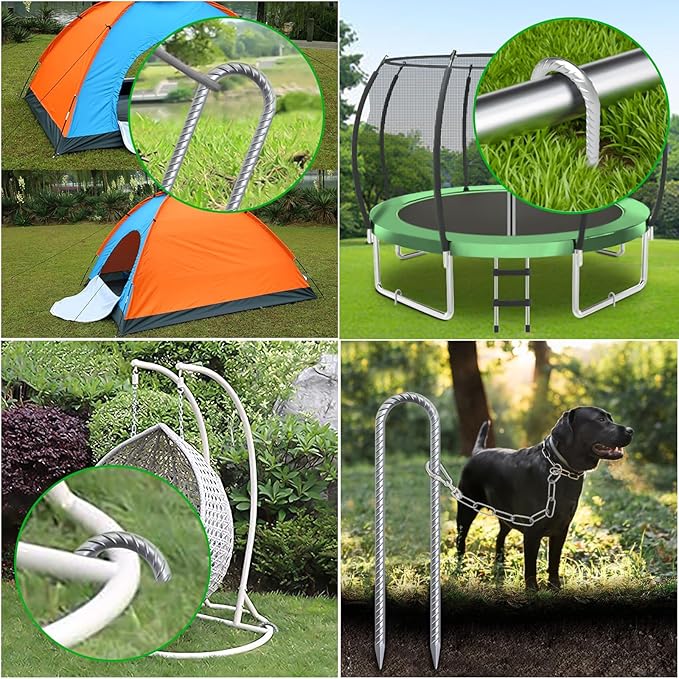 Trampoline Wind Stakes 16 Inch 3/8 Diameter Heavy Duty U Shaped Rebar Tent Fence Stakes for Ground Galvanized Trampoline Tie Down Anchor Kit 16 Pack