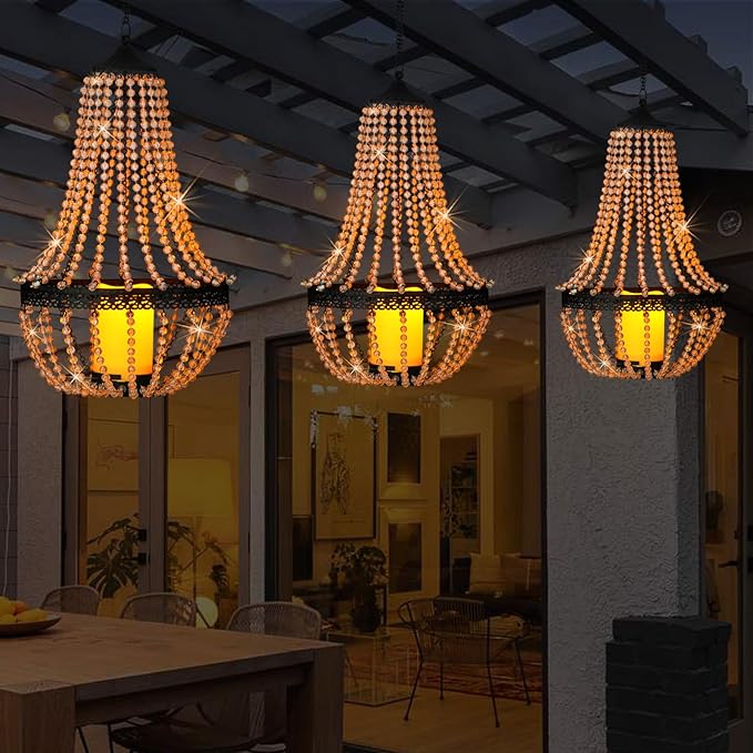 Hanging Candle Chandelier Outdoor Battery Operated Clear Acrylic Beaded Chandelier with Flickering Led Candle Light S Hooks Modern Lantern for Garden Yard Patio Gazebo Room Indoor Decorations 27”H