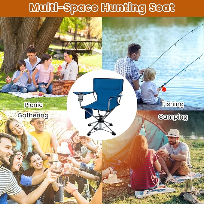 Tangkula Swivel Camping Chair Portable Lawn Chair with Cup Holder Storage Pocket Carrying Bag Lightweight Outdoor Folding Chair for Outside Camp Fishing Hiking Beach No Assembly Needed