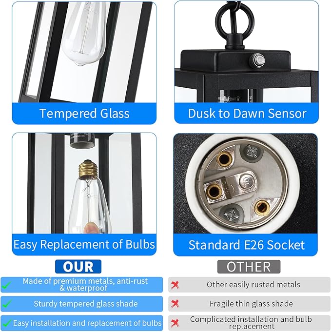 11'' Dusk to Dawn Outdoor Pendant Light Modern Outside Chandelier Outdoor Hanging Lantern Light Matte Black with Clear Glass Exterior Pendant Lighting Fixture for Porch Yard Gazebo 1Pack (Small)