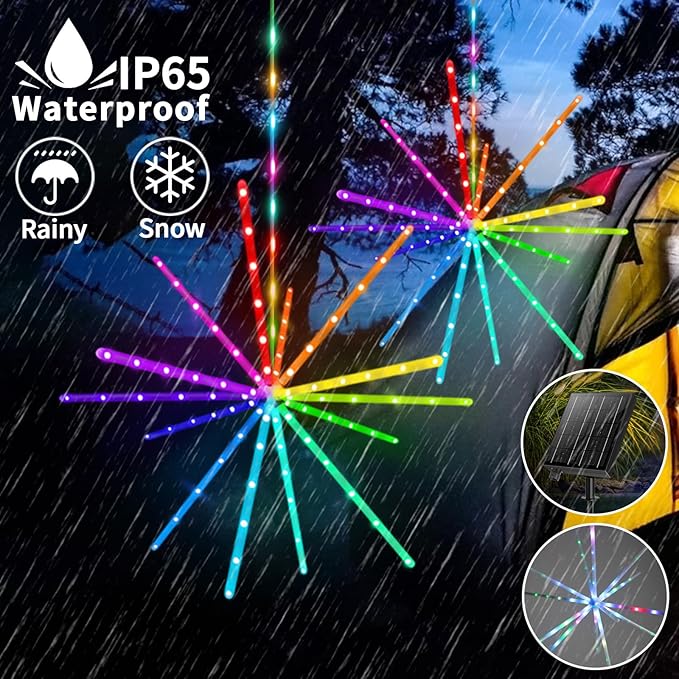 RGB Solar Firework Lights 3 Pack Color Changing Starburst Lights with Waterproof Remote Rechargeable Timer Hanging Firework Meteor Light for Garden Gazebo Porch Party Wedding Christmas Outdoor