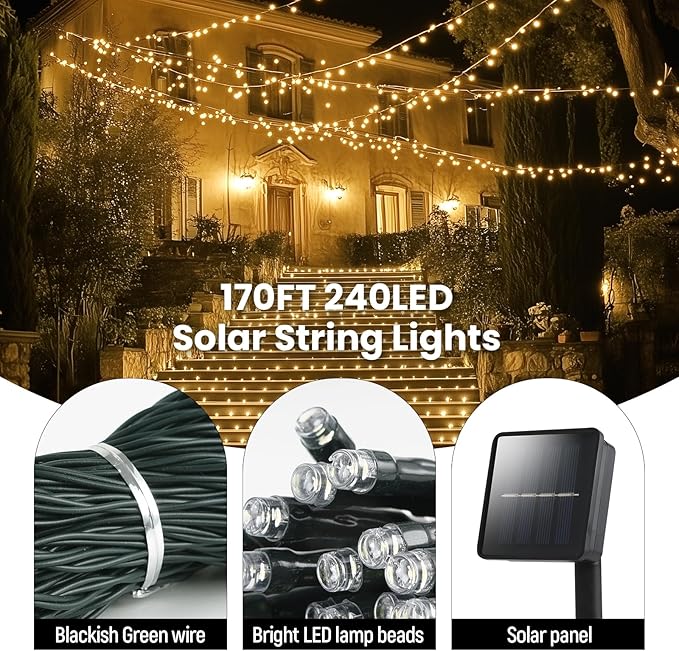 Solar String Lights for Outside 2 Pack 240 Led Solar Christmas Lights Outdoor Waterproof 82ft Solar Fairy Lights 8 Lighting Mode Solar String Lights Idea for GardenCourtyardsTrees(Warm White)