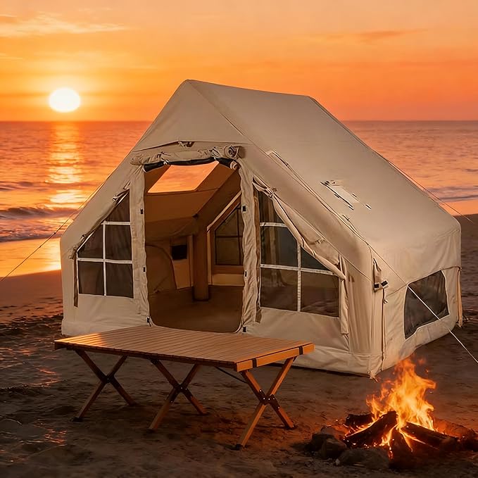 Large Inflatable Glamping Tent 4-6 Person Waterproof Camping Tent with Mesh Windows Easy Setup Air Tent for Family Outdoor Camping Hiking and Backyard (with Manual Air Pump)