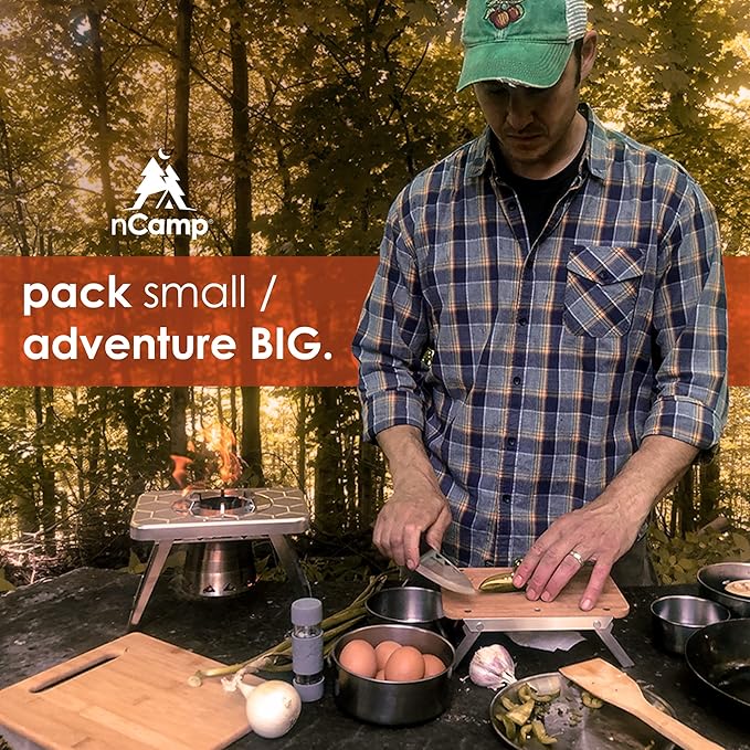 nCamp Kitchen to Go 5 Piece Bundle Portable Compact Multi-Fuel Burning Camping Stove ISO Propane Adapter Elevated Bamboo Cutting Board Prep Surface Cafe Coffee Maker Carrying Bag For Camping