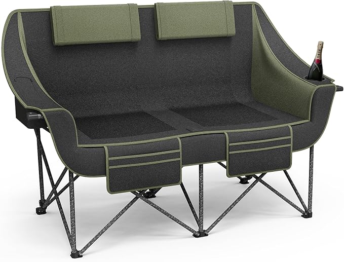 Heavy Duty Double Camping Chair with Padded Camping Loveseat – Oversized 2 Person Folding Camping Chair for AdultsPortable Camping Sofa with Cup Holders &amp Carry Bag for Outdoor Lawn Beach or Pat