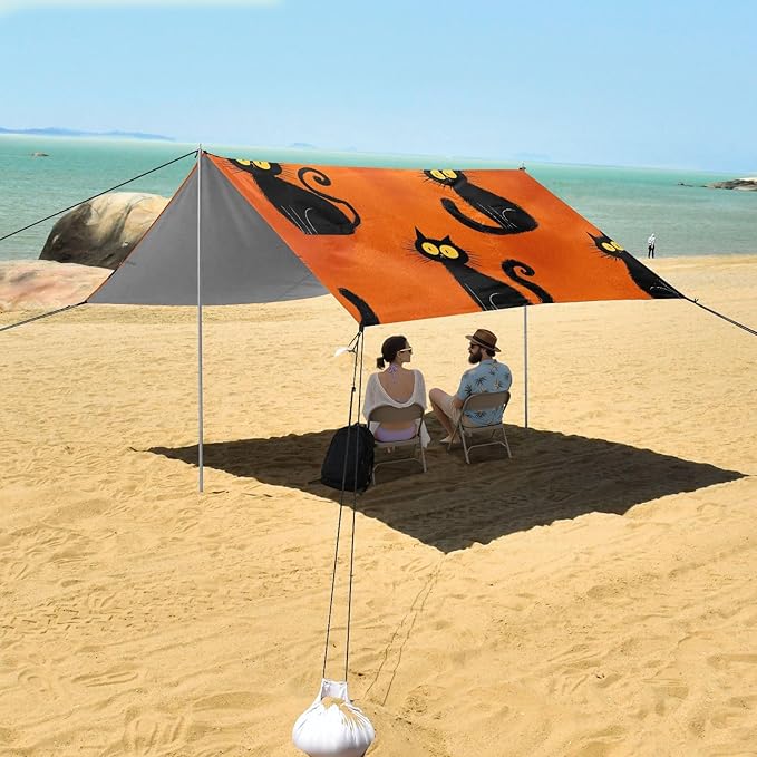 ALAZA Black Cat Orange Background Pattern Beach Tent Sun Shelter UPF50+ Protection Beach Shade Canopy w/ 4 Sandbags for Outdoor Camping Fishing Backyard Fun Picnic 10x9 ft