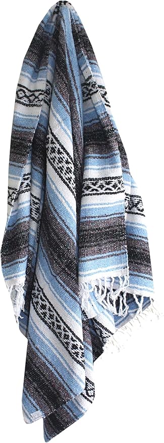 Del Mex Classic Mexican Blanket Large Authentic Woven Falsa Throw (70x50) Artisan Southwest Décor for Beach Yoga Outdoors (Light Blue)