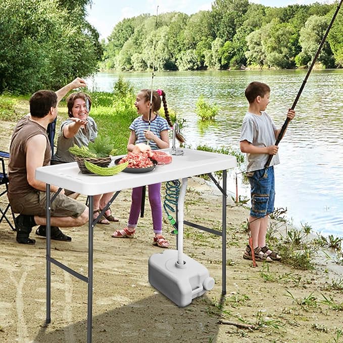 Goplus Portable Fish Cleaning Table with Sink Folding Outdoor Camping Sink Station with Hose Hook Up Heavy Duty Fillet Table with Faucet for Dock Beach Patio Picnic