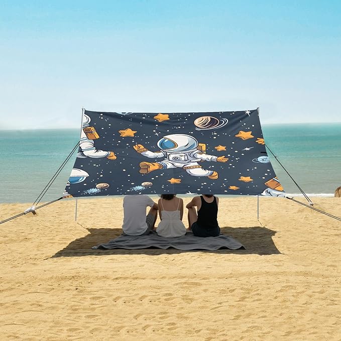 Cartoon Astronauts Camping Sun Shelter Beach Tent Portable Beach Sun Shade Outdoor Canopy for Camping Trips Fishing Picnic