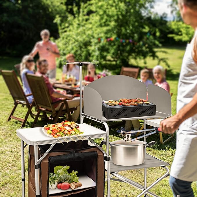 CampLand Folding Camping Kitchen Table with WindscreenPortable Outdoor Cooking Station with Storage Cabinet &amp Side Tables Heavy Duty Camp Cook Station for Camping &amp BBQ（White）